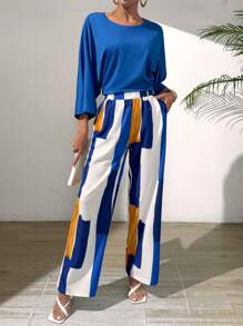 Chiquease 純色圓領休閒上衣和對比色直筒褲 - 藍色 - 查看 3