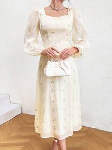 Modelyn 花卉刺绣灯笼袖心形领口收腰连衣裙长款晚礼服 - 杏色 - 查看 3