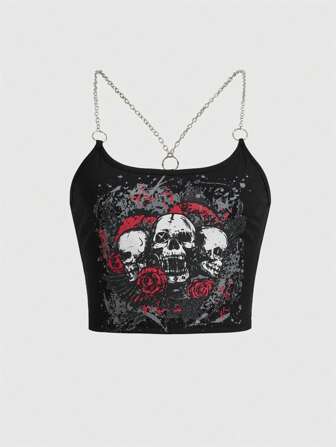 Grunge Punk Top de tirantes con detalle de cadena, estampado de calavera y flores, para la escuela