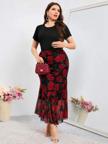 Modelyn 大尺碼女士花卉印花人魚裙擺裙 - 彩色 - 查看 4