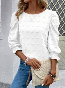 Calvaya Schweizer Punkt Muster Freizeithemd mit rundem Kragen, Tops mit Dreiviertel-Ärmeln