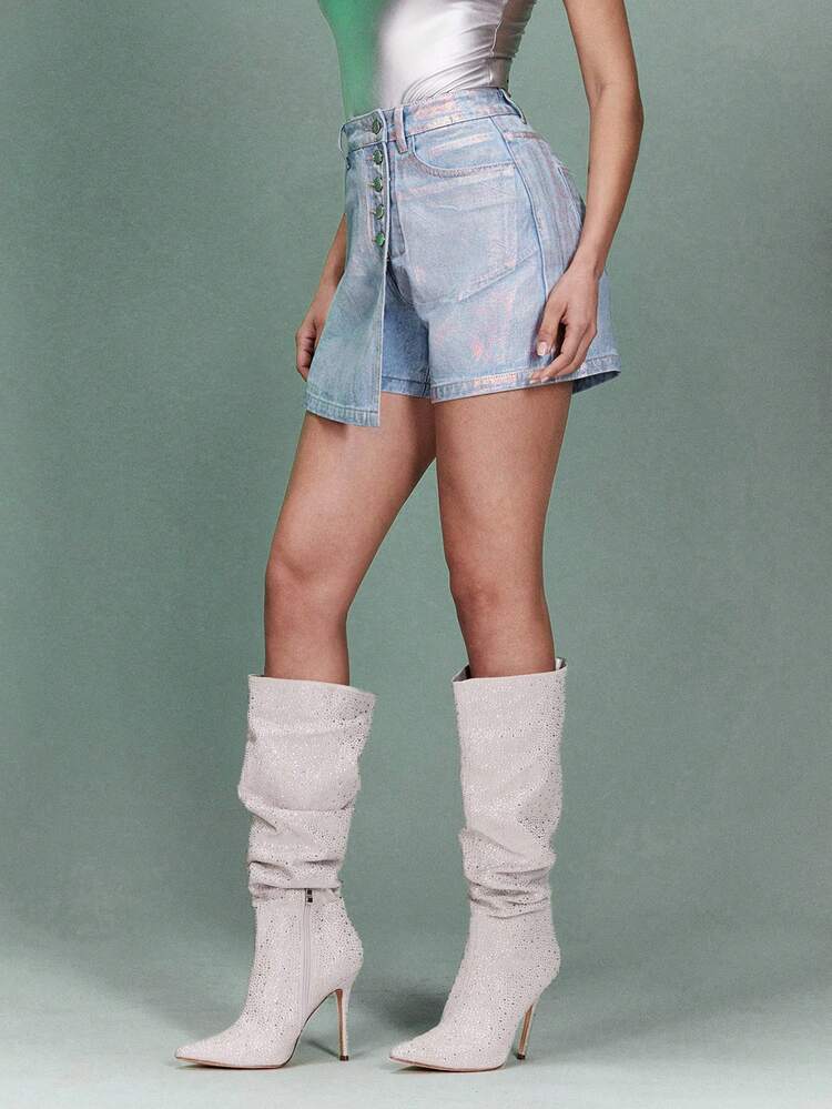 Metallic Button Fly Denim Culottes&Concert Outfits&Music Festival&High Waisted Jeans Shorts