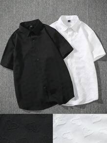 Manfinity Homme Camisa De Manga Corta Con Corazón En Relieve Para Hombres - Blanco y Negro - Ver 10