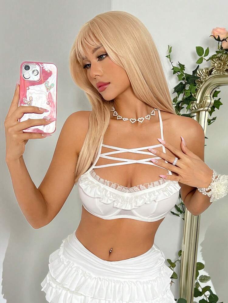 Y2k Summer Spring Outfits Mesh Contrast Lace Cross Hollow Out Halter White Crop Top