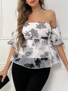 SHEIN Privé Blusa de manga abullonada con hombros descubiertos y estampado floral - Rosa - Ver 4