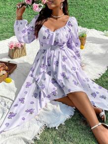 SHEIN SunnyBelle Plus Size Floral Printed Lantern Sleeve Dress With Sweetheart Neckline - Mauve Purple - View 4