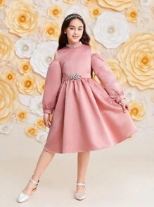 SHEIN Tween Girl Rhinestone Trim Stand Collar Cutout Shoulder Dress - Pink - View 7