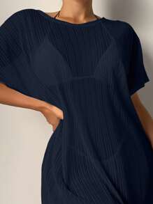 SHEIN Swim Summer Beach Women's Round Neck Batwing Sleeve Cover Up Dress - Navy Blue - View 4