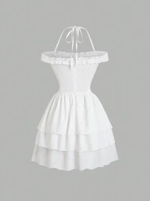 SHEIN Unity Solid Color Off Shoulder Multi-Layer Ruffle Halter Neck Dress - White - View 2