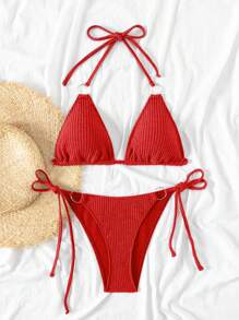 SHEIN Swim Solid Texture Halter Neck Ring Design Two-Piece Bikini Set, String Bikini Set Swimwear Bathing Suit Beach Outfit Summer Vacation,Summer Beach - Red - View 6