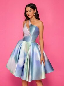 High-End Luxury Tie-Dye Hollow Shoulder Party Dress