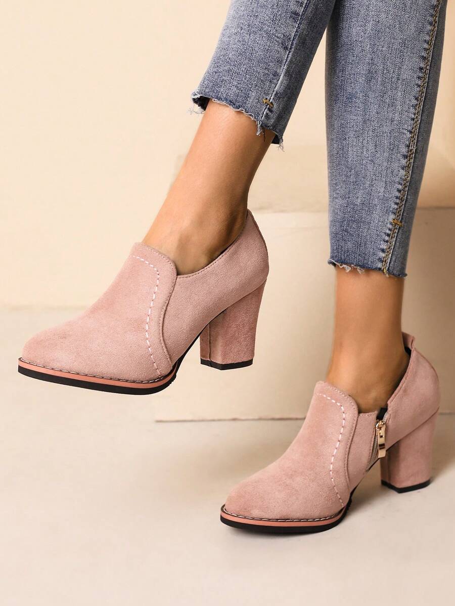 Pink Suede Pumps Fashionable Ladies' Chunky Heels For All Seasons - Dusty Pink - View 1