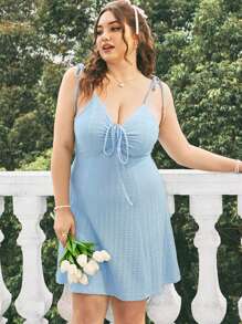 Dreamara Plus Size Blue Knitted Shoulder Strap Tie Back Drawstring A-Line Cami Dress - Blue - View 3