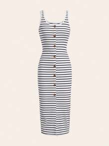 SHEIN EZwear Women's Striped Button Front Sleeveless Dress - Black and White - View 6