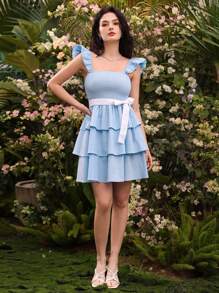 GENKIRA 甜美女孩短款盖袖撞色腰部分层荷叶边连衣裙 - 藍白色 - 查看 4