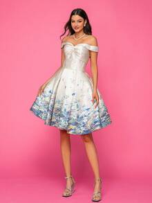 Patterned One-Shoulder Twist A-Line Cocktail Dress - Champagne - View 3