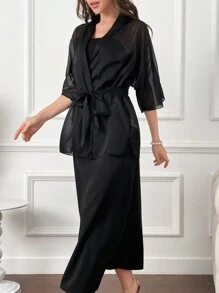 Modelyn Solid Color Casual Strapless Dress And Shawl Collar Coat - Black - View 8