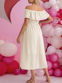 SHEIN Solid Color Maternity Off-Shoulder Ruffled Edge High Waist Dress - Apricot - View 2