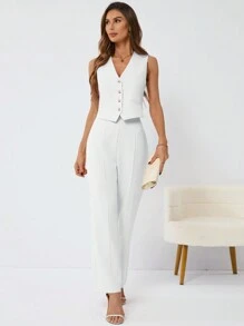 SHEIN Privé Conjunto De Dos Piezas Para Mujer: Chaleco De Botones Y Pantalones