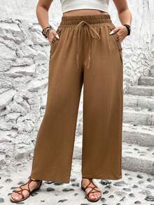 SHEIN Franclia 褲長寬鬆大尺碼長褲,帶斜口袋和紐扣裝飾 - 咖啡棕 - 查看 4