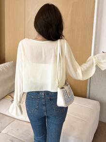 DAZY Solid Ruffle Trim Tie Front Flare Sleeve Jacket - White - View 5