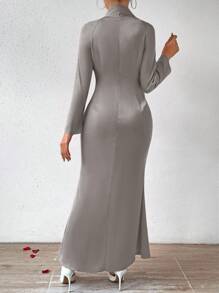 SHEIN Privé 女士腰帶長袖人魚裙緊身連衣裙 - 灰色 - 查看 2