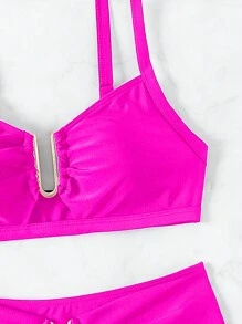 SHEIN Swim Bộ bikini hai mảnh dành cho nữ, màu hồng cánh sen, dây đeo dày có thể điều chỉnh, màu trơn, họa tiết chữ U màu vàng, kiểu dáng cạp cao, thích hợp cho mùa Xuân/Hè 2026. - Màu Hồng Tươi - Xem 8