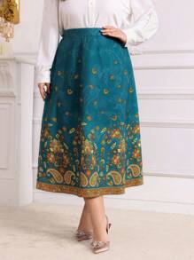 Modelyn Plus Paisley Print Skirt - Green - View 4