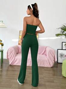 SHEIN Qutie Women's Solid Color Drawstring Asymmetrical Hem Bandeau Top And Bell Bottoms Two Pieces Set