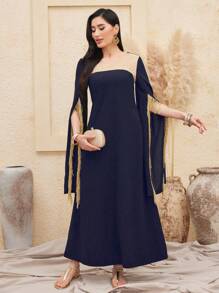 Al Najma Patchwork Lace Fringe Trimmed Split Sleeve Kaftan - Blue - View 1