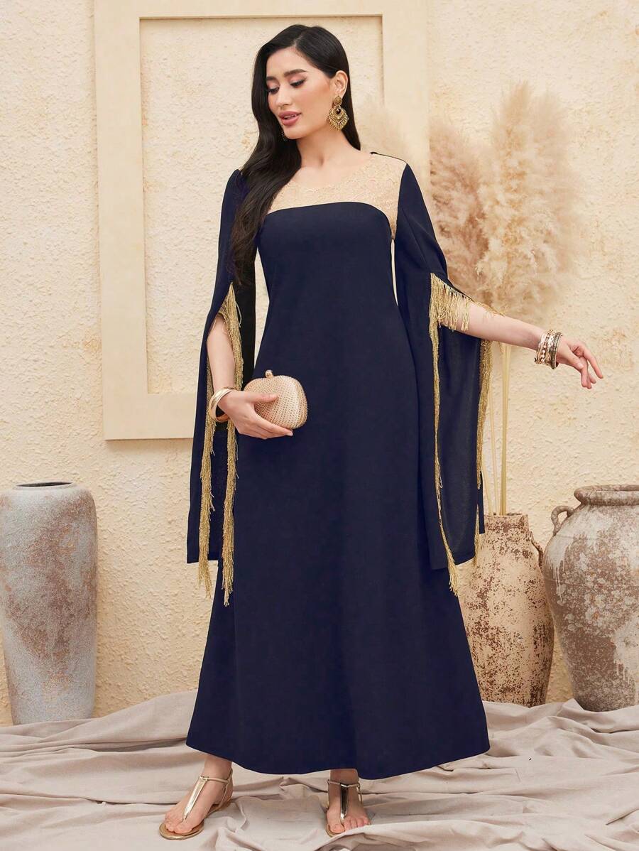 Al Najma Patchwork Lace Fringe Trimmed Split Sleeve Kaftan - Blue - View 1