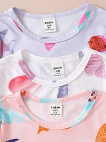 6pcs Baby Girls' Minimalist Ocean Creature Print Snug Fit Round Neck T-Shirt And Shorts Set, 3 Outfit Casual Homewear Combo - Multicolor - View 6
