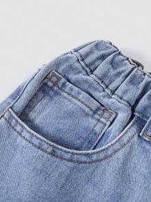 Teenagers' Laser Embroidery Straight Leg Denim Capris - Light Wash - View 4