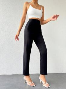 SHEIN PETITE Frenchy 素色百褶錐形長褲，適合嬌小女性 - 黑色 - 查看 4