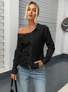 SHEIN Essnce Camisa De Mujer Con Botones Sólidos De Color Con Cuello Asimétrico