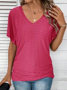 SHEIN LUNE Của phụ nữ Màu thuần Xu hướng: Cắt giảm Chi tiết thêu tay cánh Áo thun - Màu Hồng Tươi - Xem 5