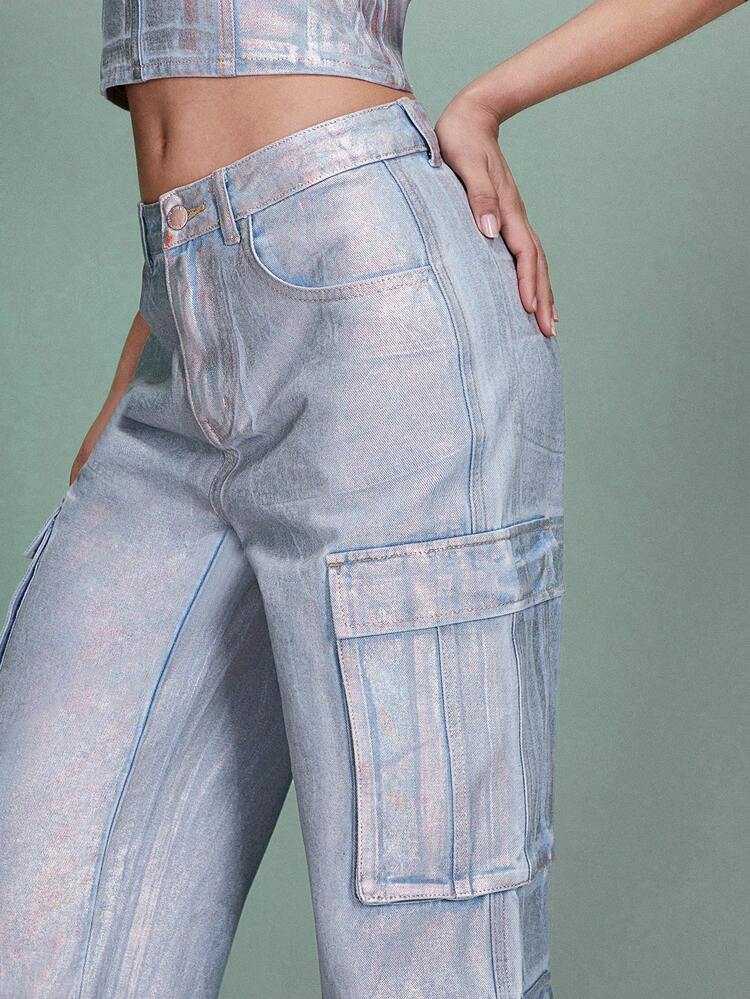 Metallic Cargo Pocket Details Loose Party Women's Denim Wide Leg Pants&Spring Outfits&Festival Outfits&Summer Bottoms&Denim Overalls&Concert Outfits&Music Festival