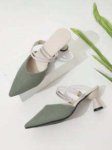 女士春秋新款尖头两穿半拖鞋，高跟，优雅，穆勒鞋，派对鞋 - 綠色 - 查看 4