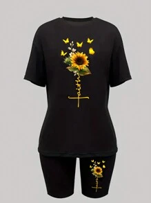 SHEIN Conjunto De Camiseta De Manga Corta Con Cuello Redondo Y Pantalones Cortos Con Estampando De Mariposas Y Girasoles Para Mujer