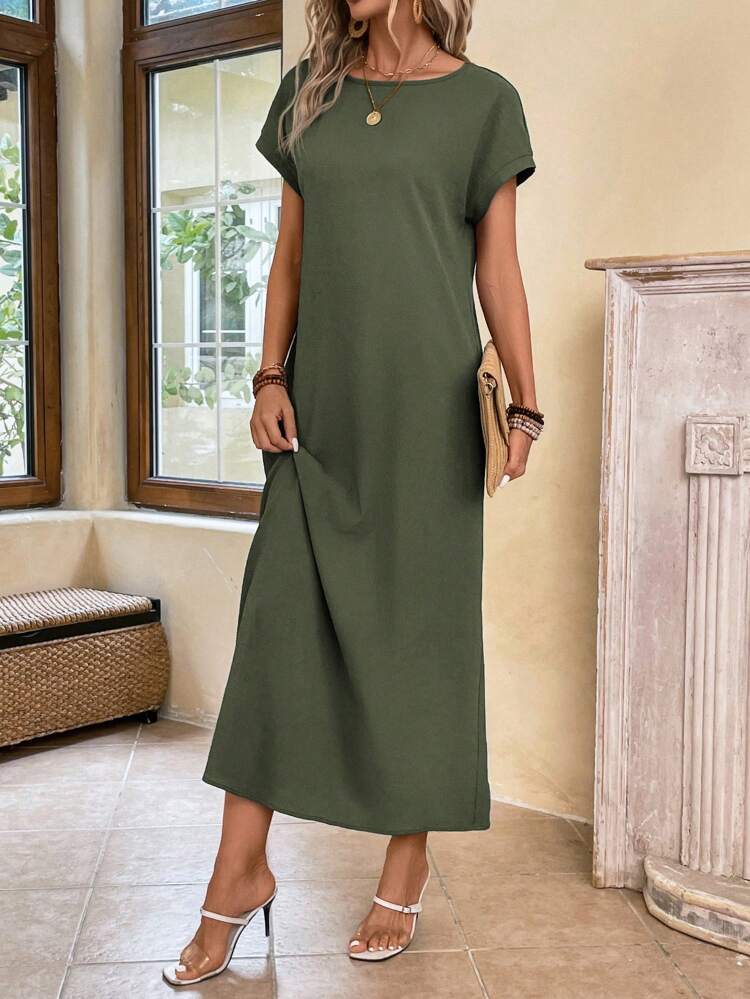 Solid Batwing Sleeve Tunic Summer Dress
