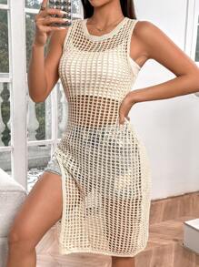 Flirla Women's Sleeveless Hollow Out Sweater Dress With Side Slit Hem