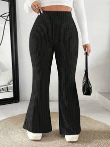 SHEIN Tall CURVE 女式加大码纯色开衩喇叭裤 - 黑色 - 查看 5