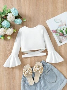 SHEIN Young Girl Elegant Cross V-Neck Bell Sleeve T-Shirt For Spring/Summer