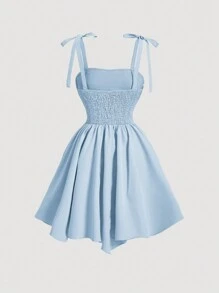 SHEIN MOD Quý cô Màu thuần Ruy băng Dây đeo Vai Knotted Váy Dây - Màu xanh lam - Xem 2
