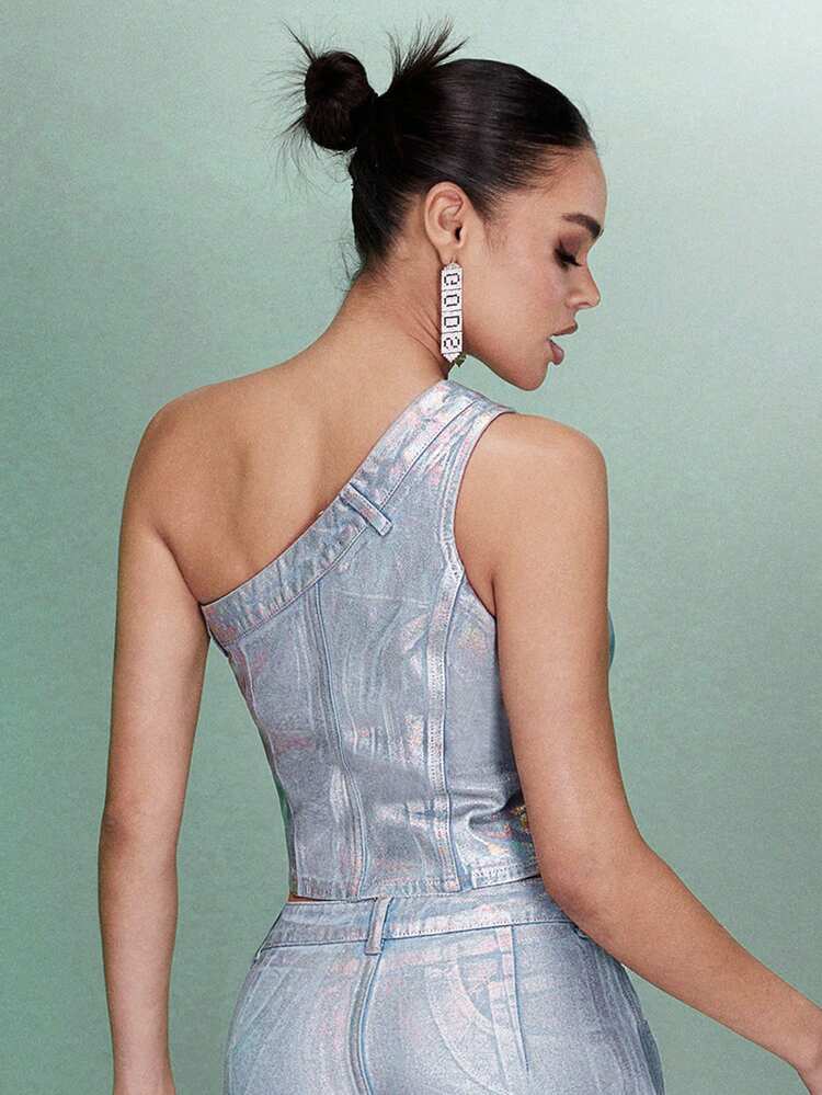 Metallic Elastic Sexy One Shoulder Denim Top For Women&Music Festival