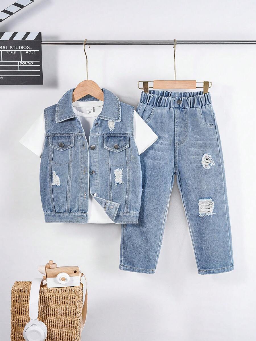 SHEIN Young Boys' T-Shirt, Sleeveless Jacket, Denim Coat And Long Pants 3pcs/Set - Baby Blue - View 1