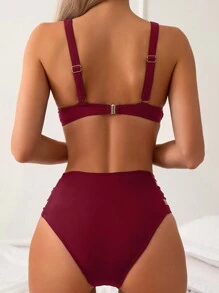 SHEIN Swim 純色鏤空腰部鋼圈比基尼套裝，比基尼套裝海灘泳裝泳衣，夏季海灘 - 酒紅色 - 查看 2