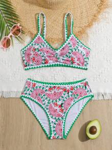 Tween Girl Contrast Color Paisley Print Beachwear Bikini Set, With 3 Sets Available For Mom And Daughter Matching Outfits (Sold Separately) Summer Beach - Multicolor - View 1