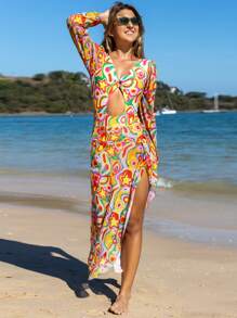 SHEIN 青少女彩印空心一件式泳衣 - 彩色 - 查看 1