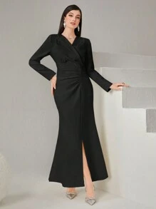 Modelyn High-Collar Waist-Cinching Fish-Tail Dress With Front Split Long Evening Dresses - Black - View 7